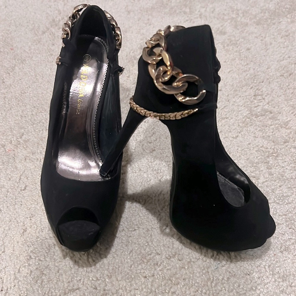 BRAND NEW - Black Suede with Gold Chain Heels